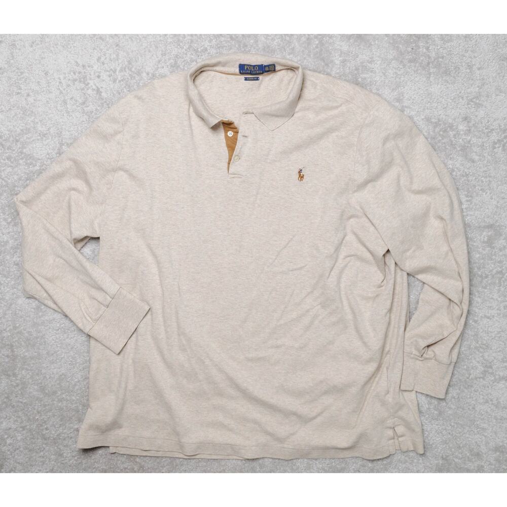 Ralph Lauren Long Sleeve Tan Classic Fit Cotton Polo Shirt Mens Size XXL